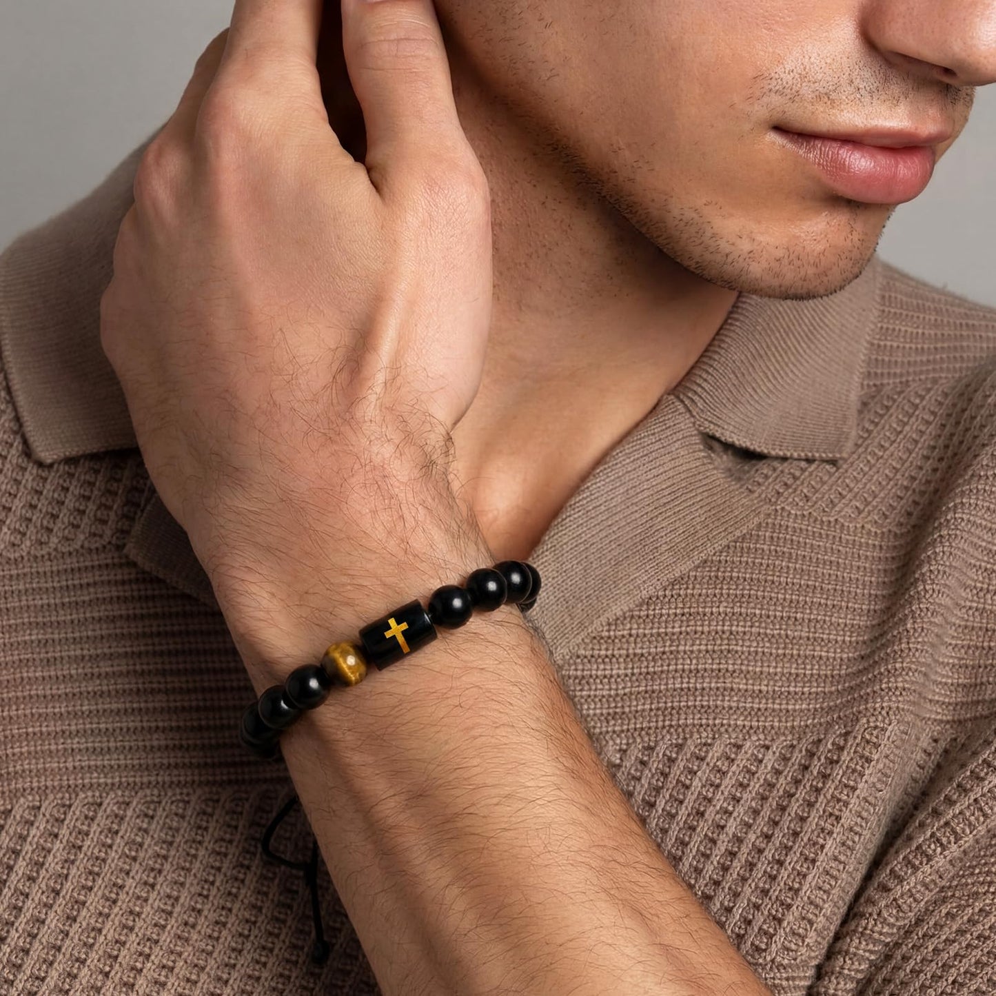 Miss Chipmunk Cross Bracelets for Men Cross Handmade Natural Black Onyx Tiger Eye Stone Beads Bracelet Christian Christmas Easter Birthday Gifts for Him