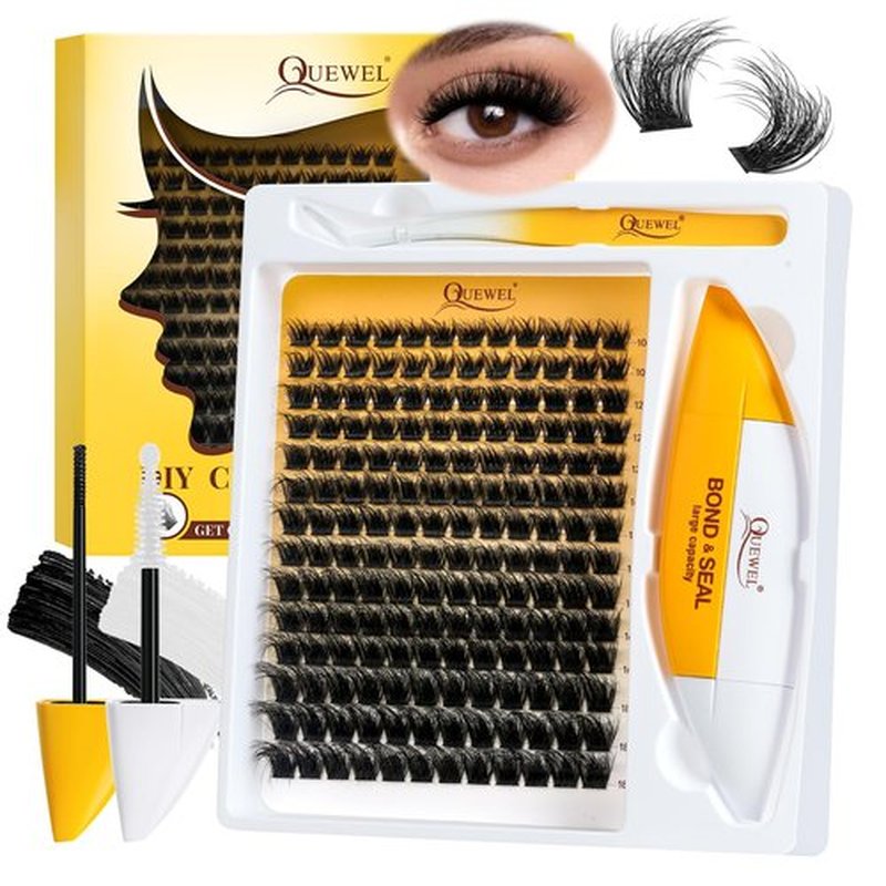 QUEWEL Fluffy Lash-Clusters Kit, DIY Lash-Extension Kit Includes 168 Pcs Lash-Clusters with Large Capacity 16ml Bond&Seal Lash Applicator, Cluster Lashes Kit Easy to Use at Home (3D PY01-MIX10-18 Kit)