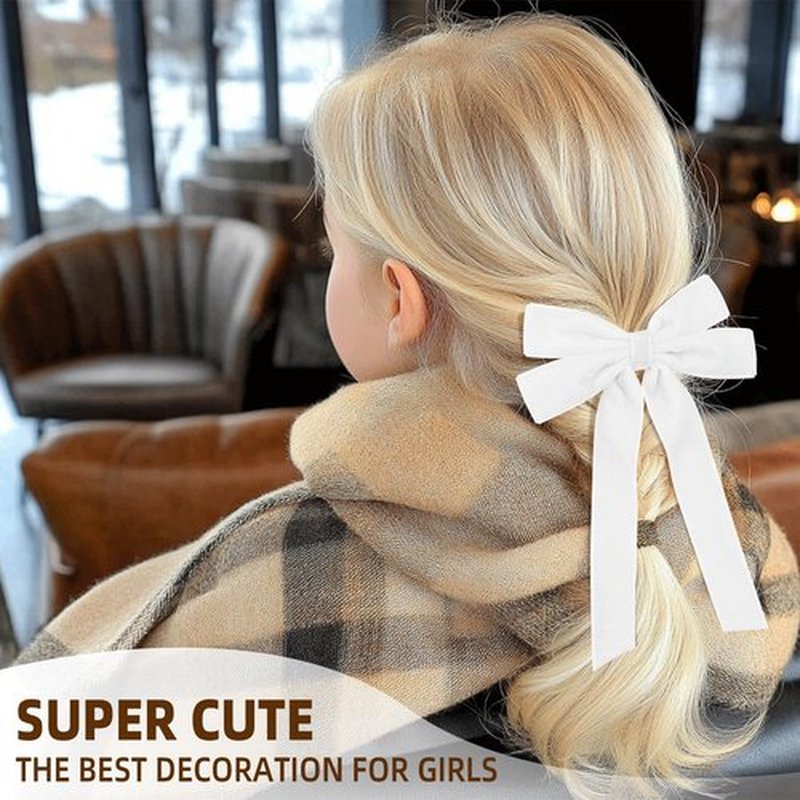 2PCS White Hair Bows Soft Velvet Bow Hair Clip with Long Tail Hair Accessories for Women Girls Toddlers