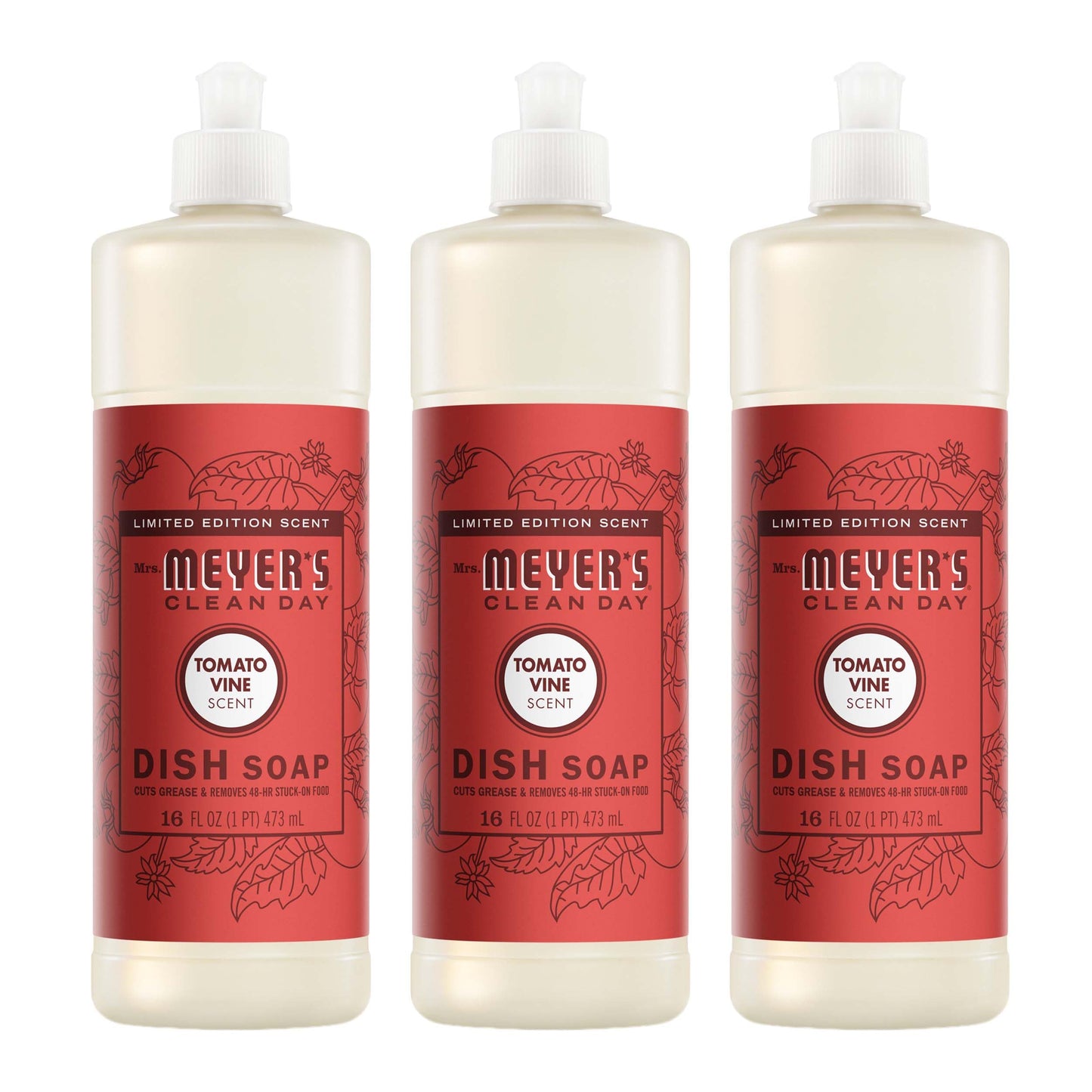 Mrs. MEYER'S CLEAN DAY Liquid Dish Soap, Tomato Vine Scent, 16 Fl Oz Bottle - 3 Pack