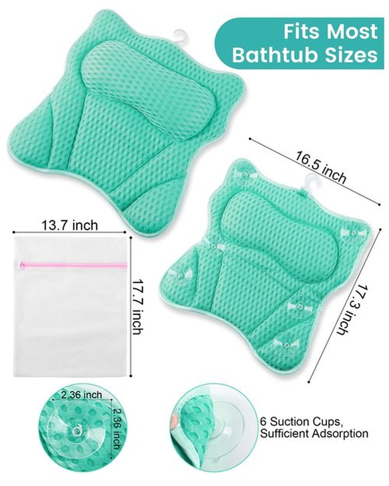 MTDLYICE Bath Pillow, Bath Pillows for Tub Neck and Back Support, Soft 4D Air Mesh Bathtub Pillow 16.5 x 17.3 INCH, with 6 Powerful Suction Cups, Bath Accessories Relaxing Gifts for Women (Lake Blue)