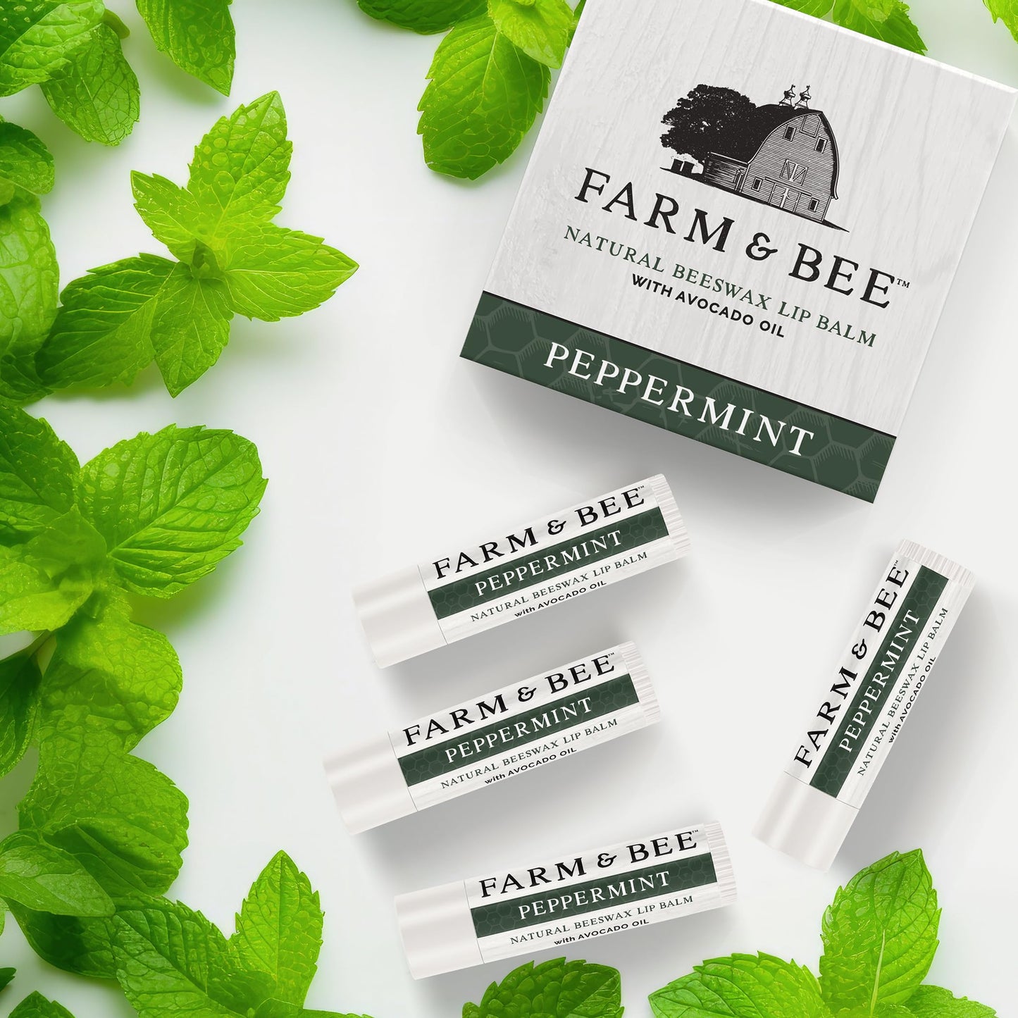 Natural Lip Balm - Organic & Natural Ingredients - Beeswax Based Moisturizing Lip Care Chapstick for Chapped Lips - Great Gift Idea - Farm & Bee - 0.15oz (Pack of 4 - Peppermint)