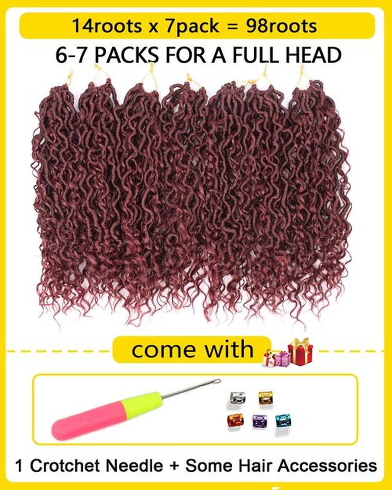 14 Inch Bugrundy Crochet Hair Goddess Locs 7 Packs Bohemian Locs Crochet Hair with Curly Ends Pre Looped Soft Faux Locs Crochet Hair for Black Women River Locs Crohet Braids(14 Inch,99J)