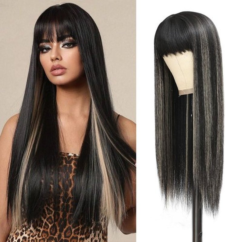 Amarlis Black with Blonde Wigs for Women, Long Straight Stripes Color Wigs with Bangs, Natural Looking Soft Synthetic Fiber Wig for Daily Party