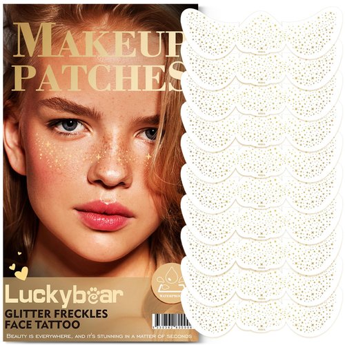 Face Glitter Freckles, Gold Glitter Freckles Face Tattoo Makeup Patches, Stardust Speckles Sparkle Freckles Beauty Face Freckles Waterproof Fake Freckle for Holiday Dance Music Party Makeup 10 Count