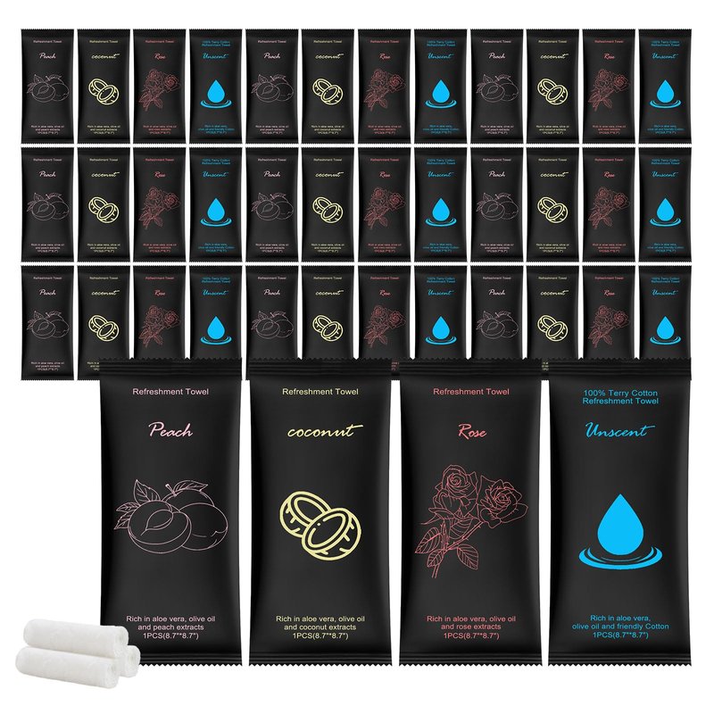 Moist Cotton Towel Bulk Moist Towelettes Individually Wrapped 8.7"x 8.7",White Towel Services,Refreshment Pre Moistened Towels Peach,Rose,Coconut and Unscented for Sport Party Spa(pack of 400)