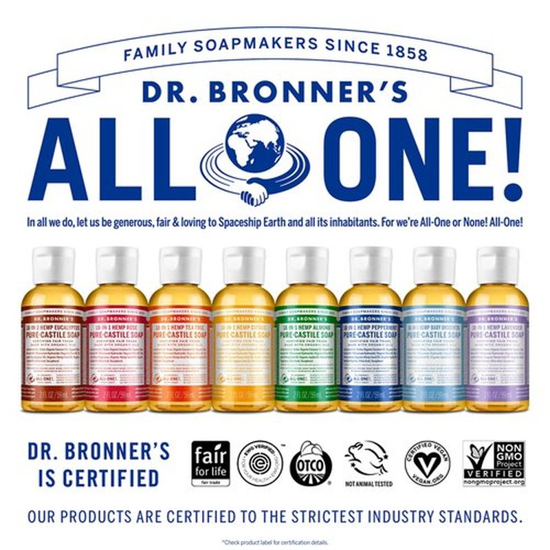 Dr. Bronner's - Pure-Castile Liquid Soap (Baby Unscented, 2 ounce, 2-Pack) - Made with Organic Oils, 18-in-1 Uses: Face, Body, Hair, Laundry, Pets and Dishes, Concentrated, Vegan, Non-GMO