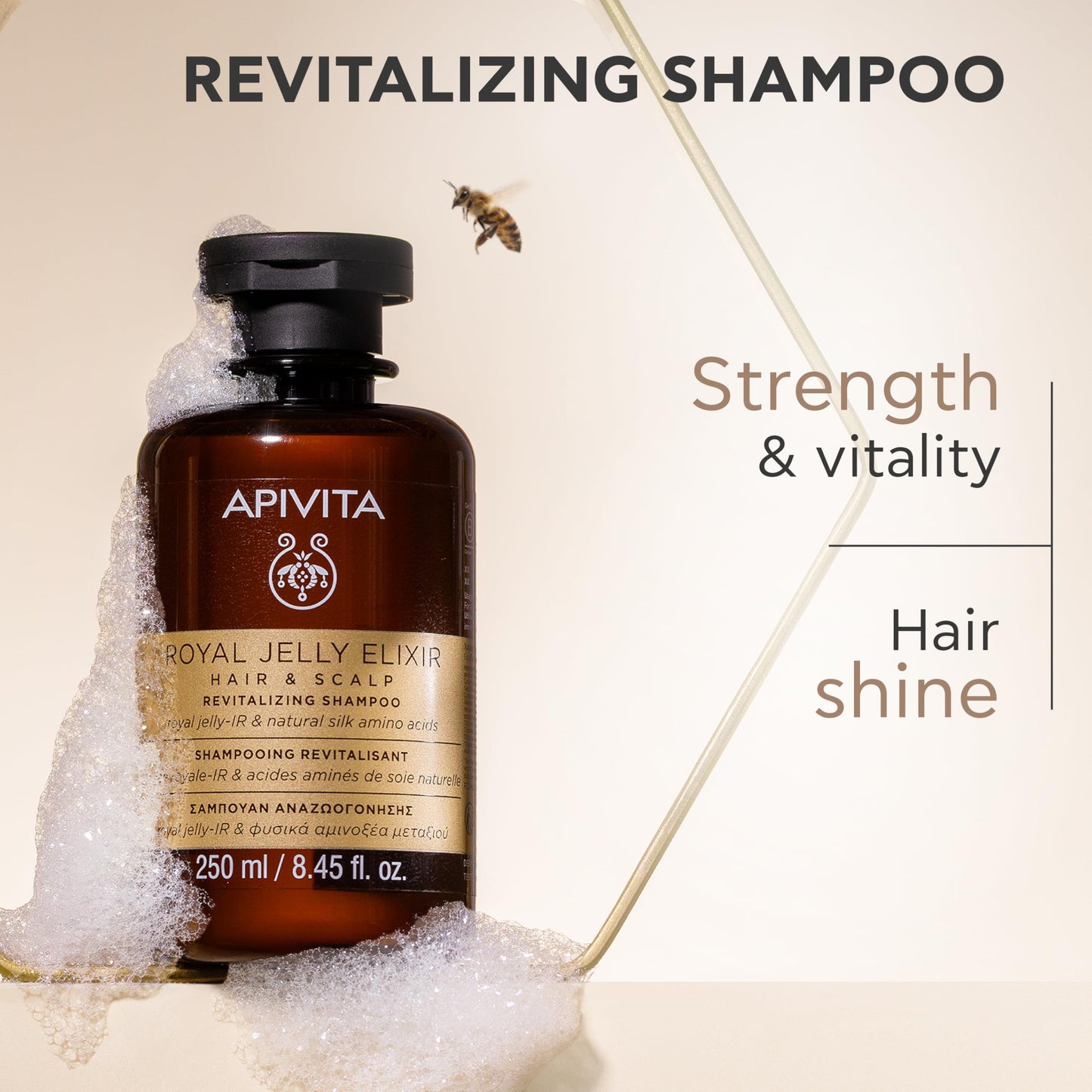 Apivita Royal Jelly Elixir Revitalizing Shampoo, enriched with patented Royal Jelly-IR and natural silk amino acids, It strengthens and revitalizes hair & scalp