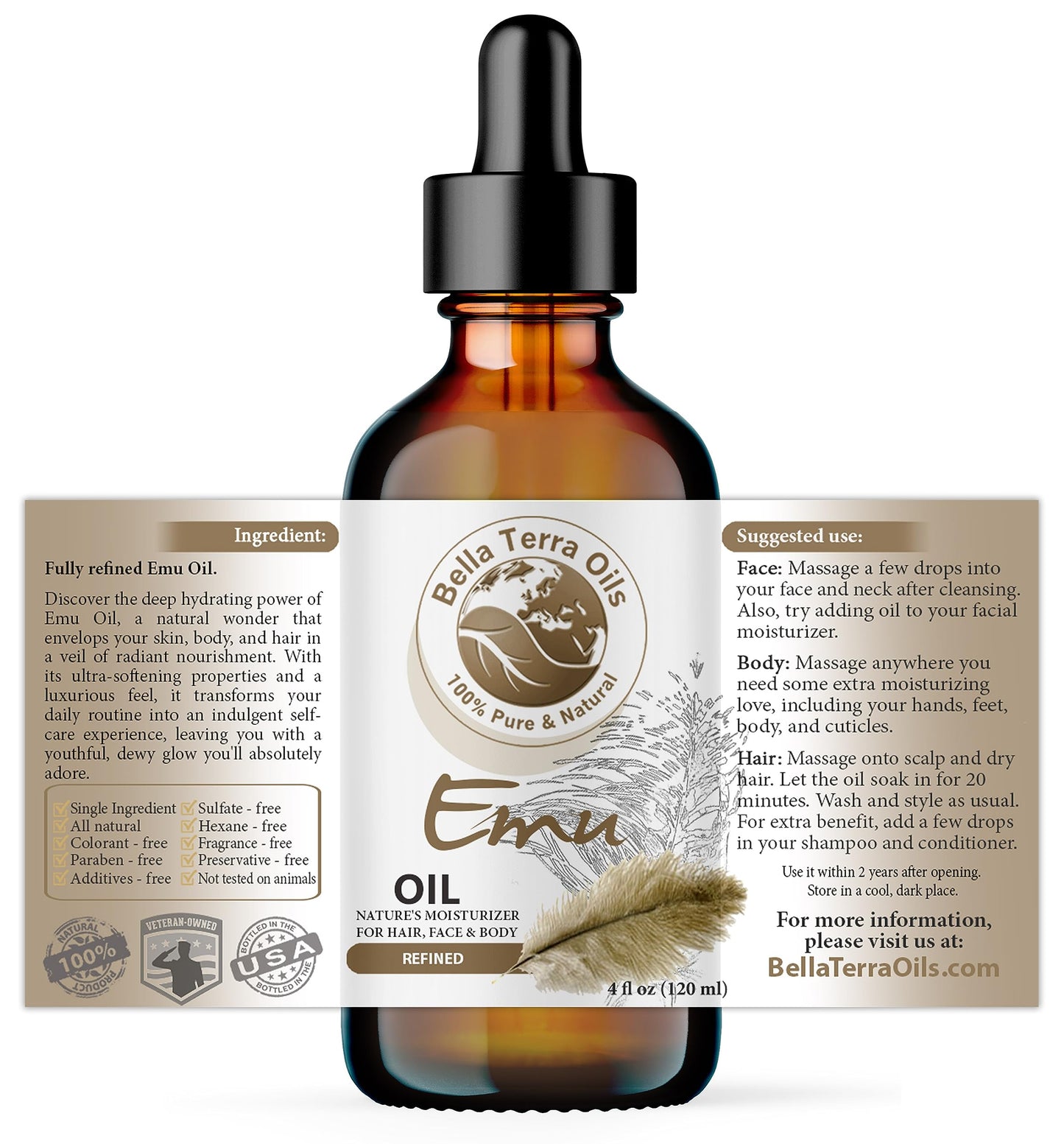 Bella Terra Oils Pure Emu Oil – Rapid Absorption, Rich in Fatty Acids, Deeply Moisturizing, Enhances Skin Elasticity, Cruelty-Free