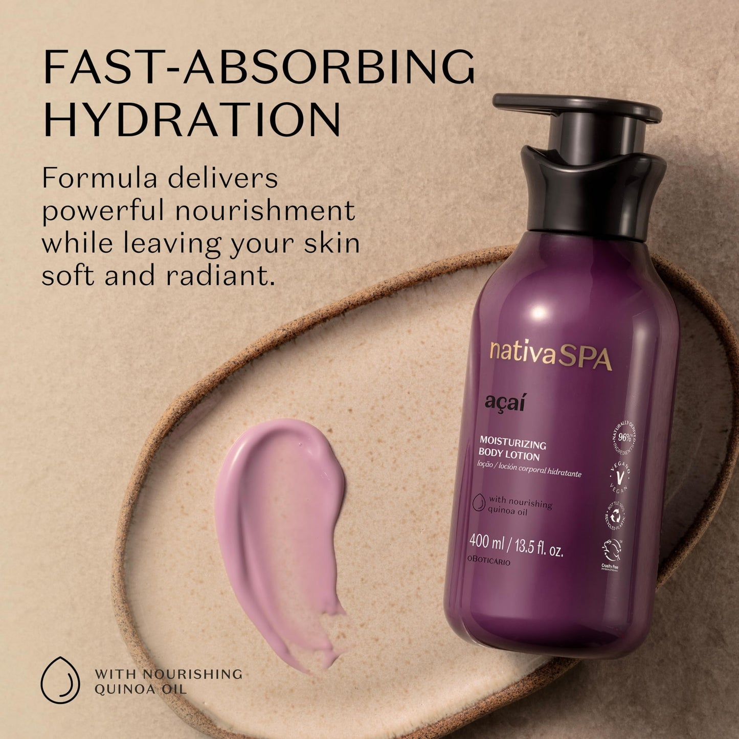 Nativa SPA by O Boticário, Plum Moisturizing Body Lotion, Fragranced Moisturizer Enriched with Purified Quinoa Drops to Boost Hydration, 13.5 Ounce