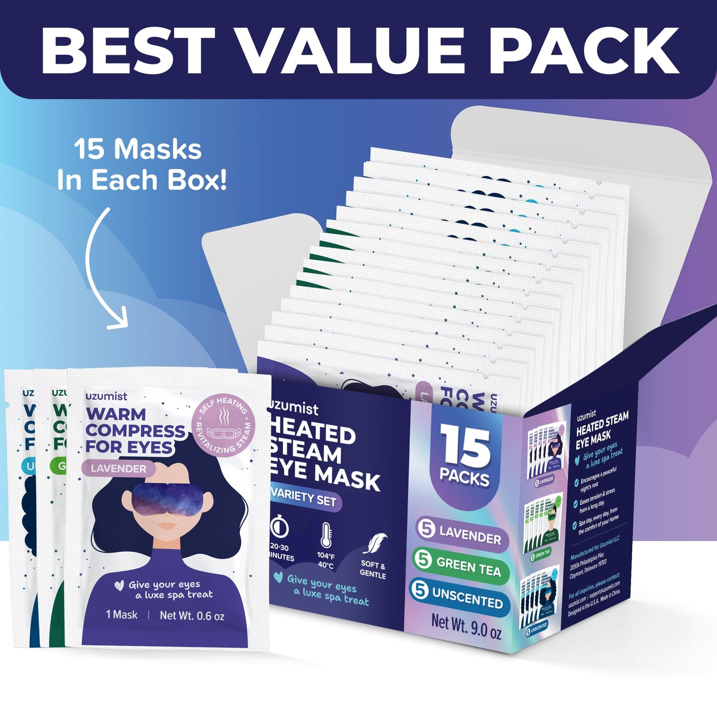 Heated Eye Mask For Dry Eyes - 15pcs Self Heating Steam Eye Mask - Warm Compress For Eyes - Warming & Ready To Use For Sleep & Relaxation - On-The-Go Warm Eye Compress For Dry Eyes Travel Essentials