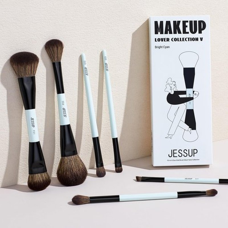Jessup Makeup Brush Set 6pcs Double Sided Makeup Brushes Foundation Contour Blush Highlight Blending Eyebrow Brush Eyeshadow Brush, Vegan Fiber Make up Brush Bright Cyan T501