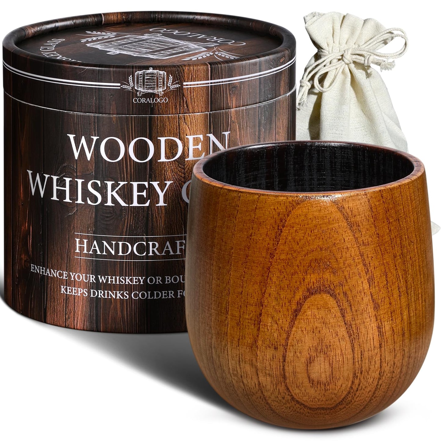 Coralogo Charred Wooden Bourbon Glass - Wooden Whiskey Drinking Glass Set, Charred Whiskey Cup Handcrafted Bourbon Gift for Men Dad Husband with Designed Gift Box, Birthday Retirement