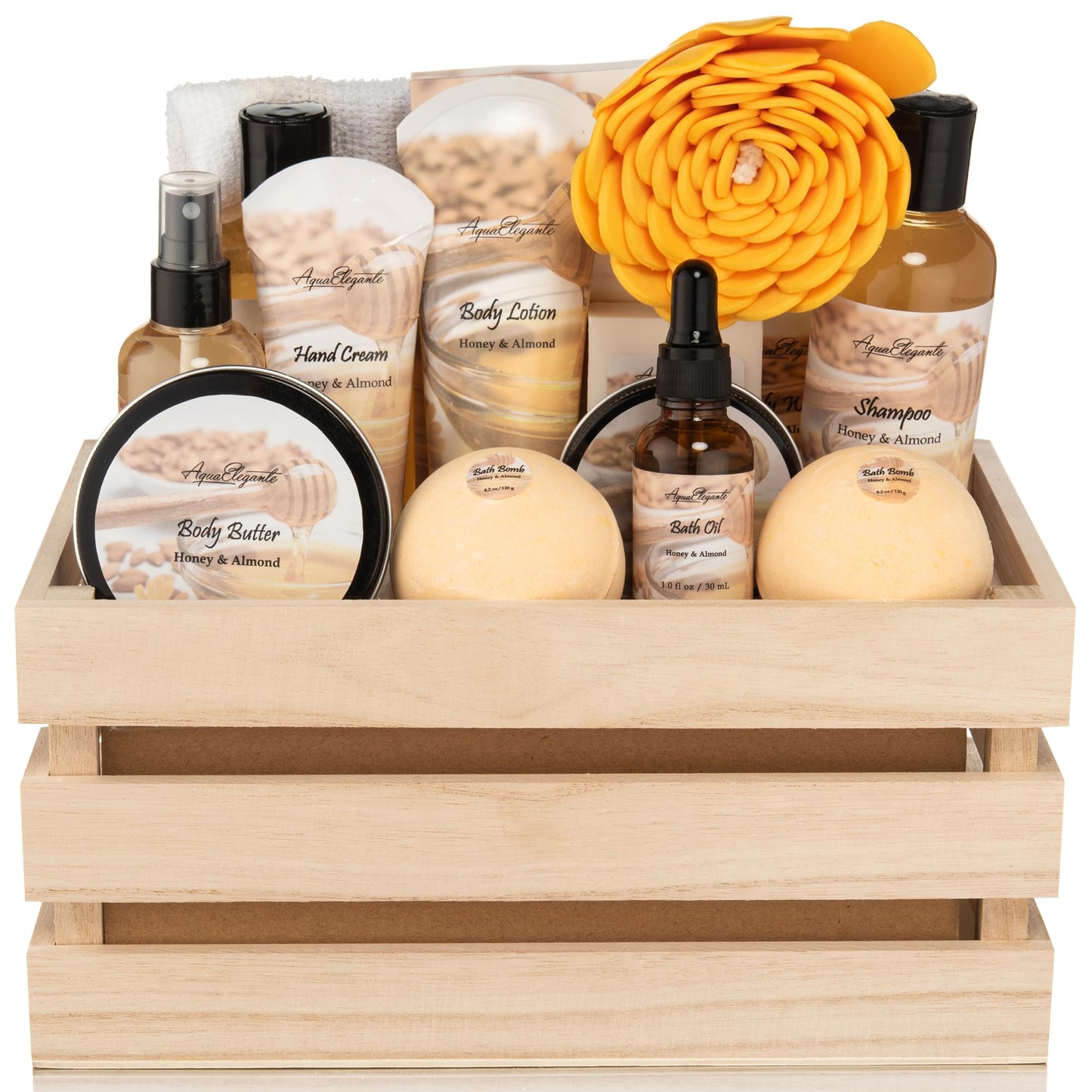 Aqua Elegante Full Spa Gift Set - 15 Piece Premium Bath Basket with Wash, Bubbles, Lotion, Salts, Body Scrub, Towel, Shower Puff, Bathbombs, Reusable Basket, Gifts for Women - Honey & Almond