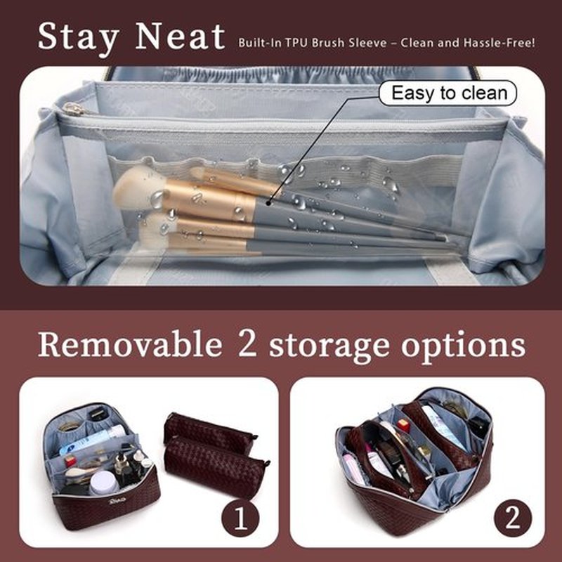 BOYATU Makeup Bag Travel Cosmetic Case: Large Capacity Woven Cosmetic Bag Organizer - Portable Toiletry Bags with Handle for Women 1-Z-wine red