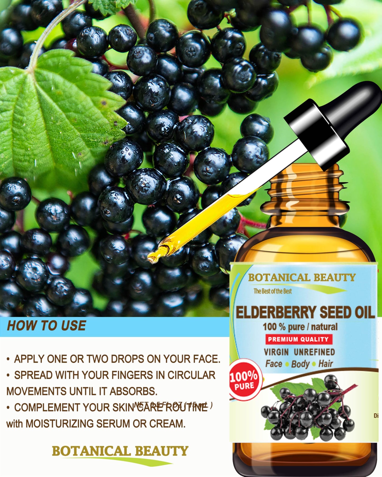 Botanical Beauty Belgian Elderberry Seed Oil Sambucus Nigra 100% Pure Natural Virgin Unrefined Cold Pressed Carrier Oil 0.5 Fl. Oz.- 15 ml for FACE, Skin, Hair, Nails, Anti-Aging. Rich in Vitamin E