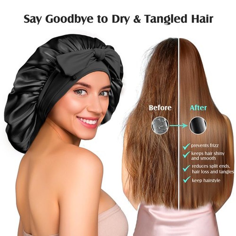 YFONG 100% 22 Momme Mulberry Silk Bonnet for Sleeping Women - Larger Double Layer Silk Hair Wrap – Non-Slip Silk Turban - Hair Silk Bonnet for Sleeping Women - Silk Cap for Sleeping, Black