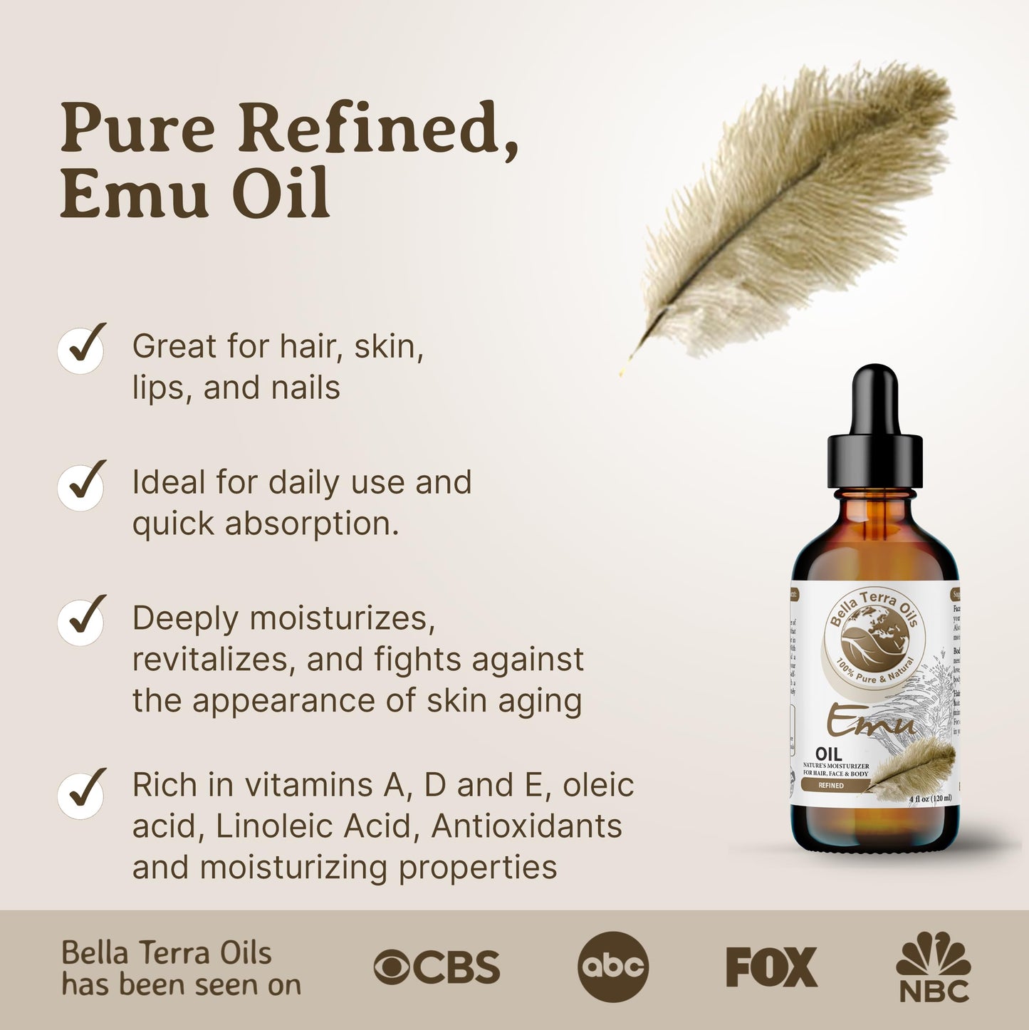 Bella Terra Oils Pure Emu Oil – Rapid Absorption, Rich in Fatty Acids, Deeply Moisturizing, Enhances Skin Elasticity, Cruelty-Free