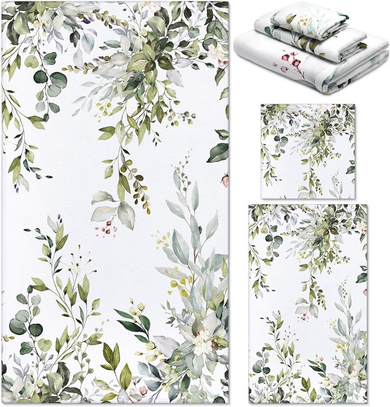 Eucalyptus Bathroom Towels Set - 3 Pack Sage Green Hand Towels | Floral Spring Decor, Absorbent Fingertip Wash Cloths for Home & Spa