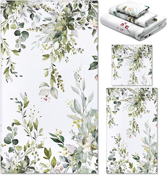 Eucalyptus Bathroom Towels Set - 3 Pack Sage Green Hand Towels | Floral Spring Decor, Absorbent Fingertip Wash Cloths for Home & Spa