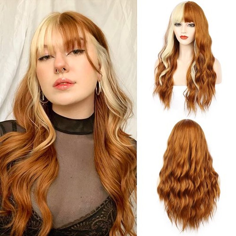 FORCUTEU Orange Wig With Bangs Long Orange Wigs for Women Orange and Blonde Wig Heat Resistant Wigs for Daily Party Cosplay Halloween (26Inch Orange and Blonde)