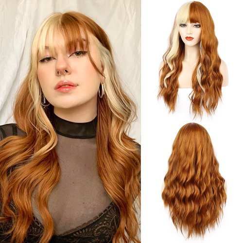 FORCUTEU Orange Wig With Bangs Long Orange Wigs for Women Orange and Blonde Wig Heat Resistant Wigs for Daily Party Cosplay Halloween (26Inch Orange and Blonde)