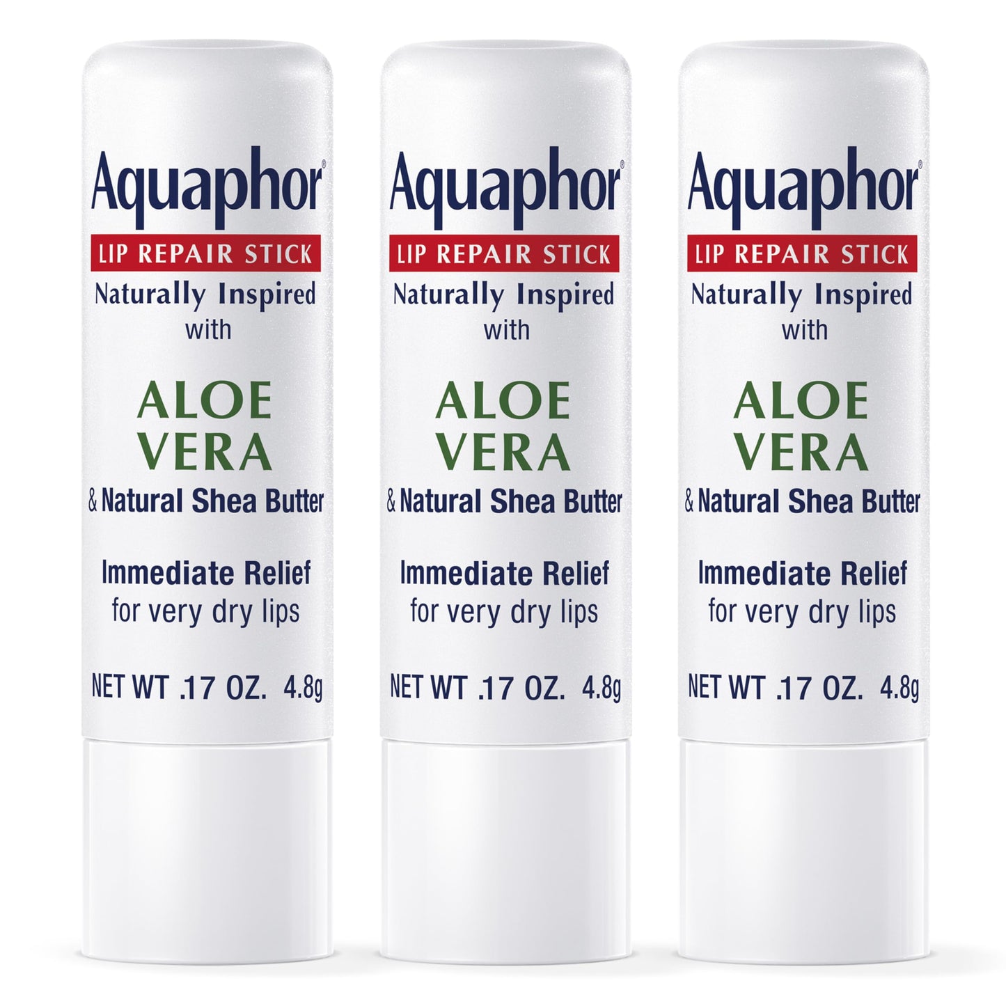 Aquaphor Naturally Inspired Lip Repair Stick with Aloe Vera and Natural Shea Butter, Hydrating Lip Balm Immediately Relieves Dryness and Soothes Chapped Lips, 0.17 Oz Stick, Pack of 3