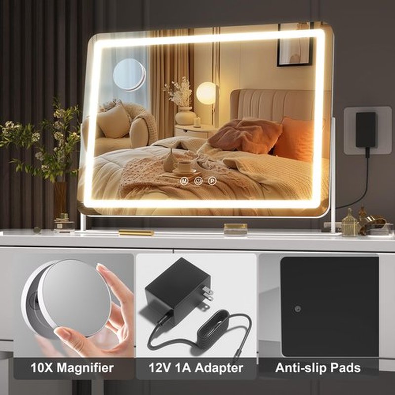 Hasipu Vanity Mirror with Lights, 15" x 13" LED Makeup Mirror, Light up Mirror with 10X Magnification, Smart Touch 3 Colors Dimmable, 360° Rotation (White)