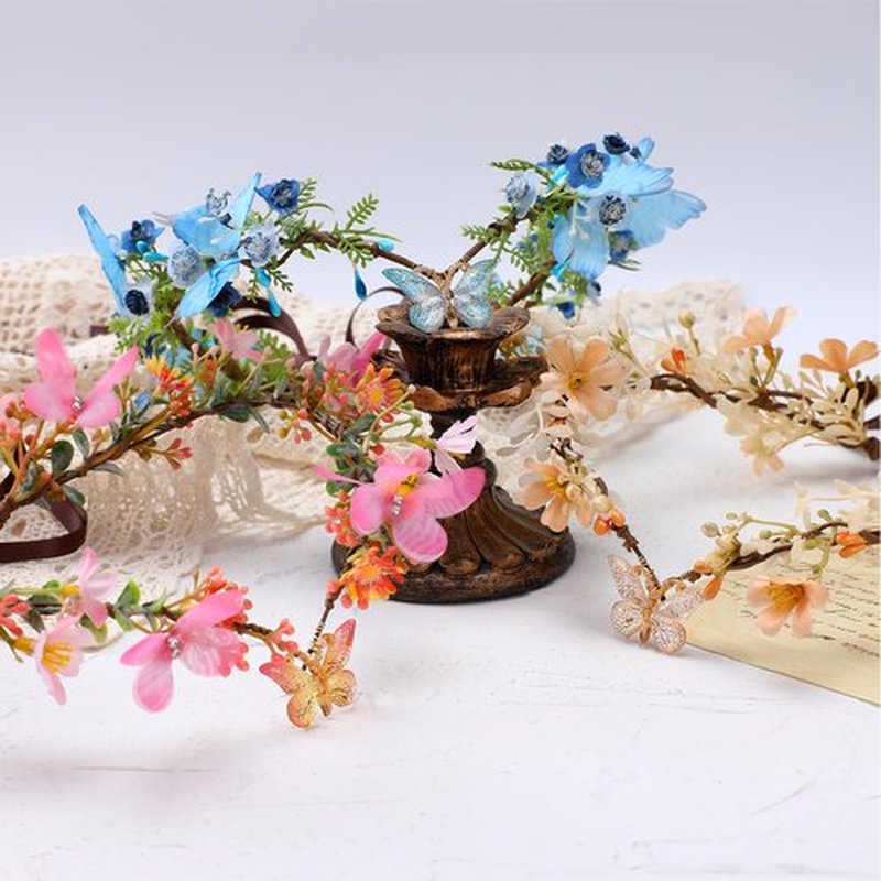 MOSTORY Blue Butterfly Flower Crown - Handmade Fairy Headpiece Floral Tiara Spring Woodland Circlet for Women Girls Wedding Renaissance Cosplay Party Festival
