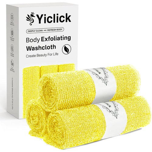 Yiclick Exfoliating Washcloth Towel [3 Pack], Japanese Exfoliating Bath Wash Cloth for Body Exfoliation, Korean Back Scrubber Washer for Shower, African Net Sponge Brush Loofah Exfoliator (Yellow)