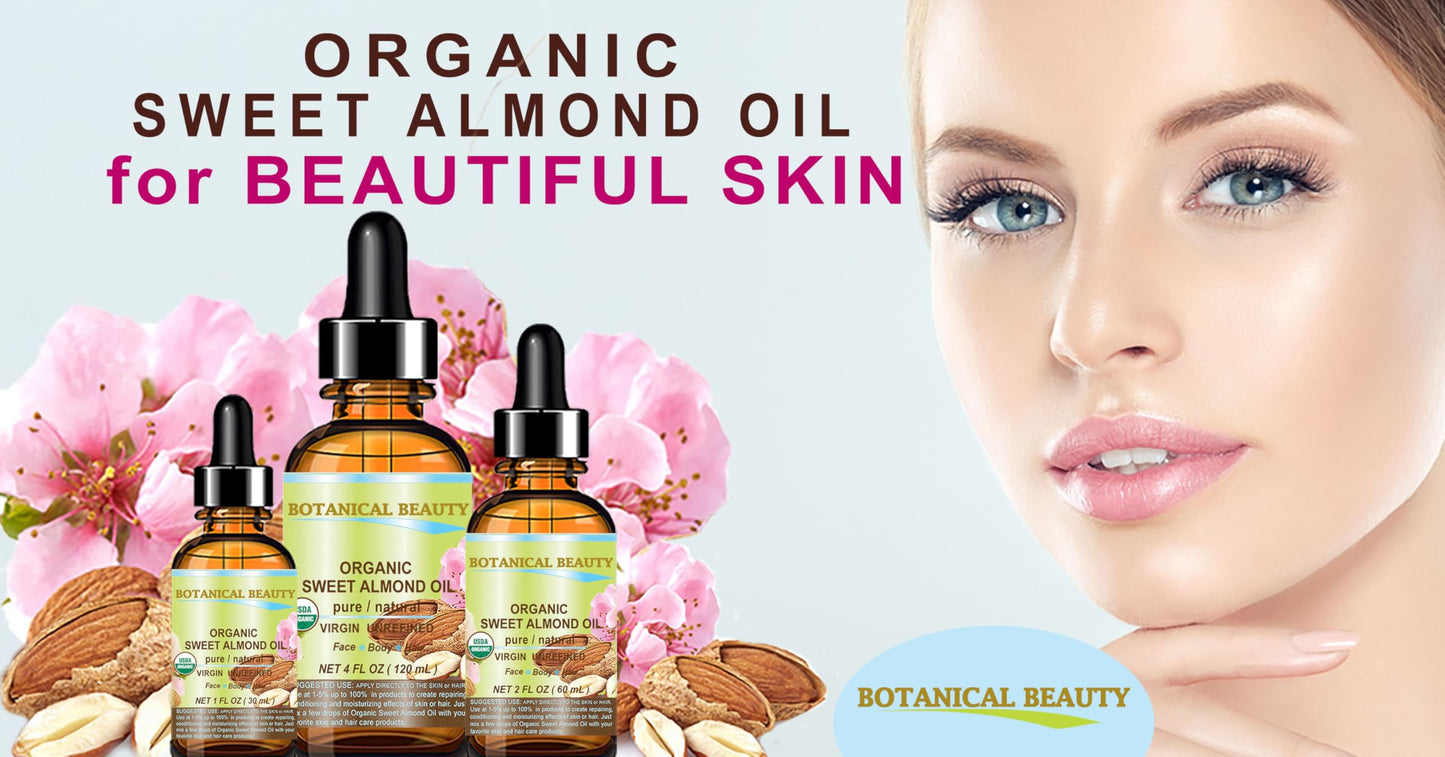 Botanical Beauty‎ Organic SWEET ALMOND OIL 100% Pure Natural Virgin Unrefined Undiluted Cold Pressed Carrier Oil for Face, Skin, Body, Hair, Massage, Nails. 1 Fl. oz - 30 ml