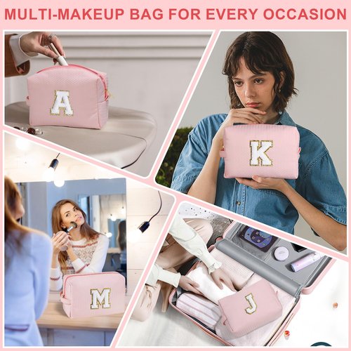 YOOLIFE Birthday Gifts for Girls Teen Girls, Travel Cute Makeup Bag Make Up Bag Cosmetic Bags for Women Preppy Makeup Bag, Stocking Stuffers for Girls Women Teen Girlfriend Mom Sister Pink Initial A