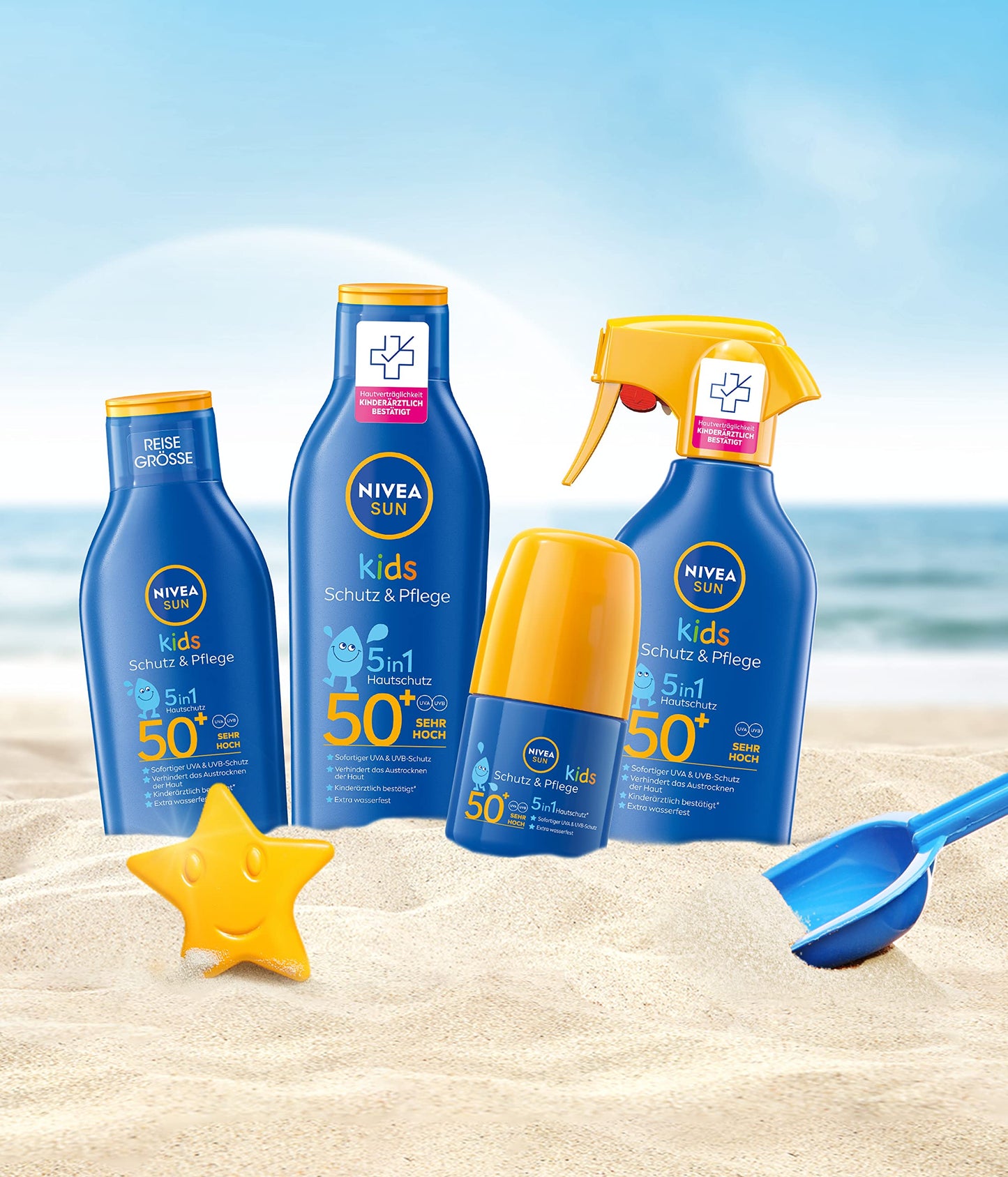 NIVEA SUN Kids Schutz & Pflege 5in1 Hautschutz LSF 50+ Sonnencreme (250 ml), hoher Sonnenschutz mit Bio-Mandelöl, extra wasserfestes Sonnenspray für empfindliche Haut
