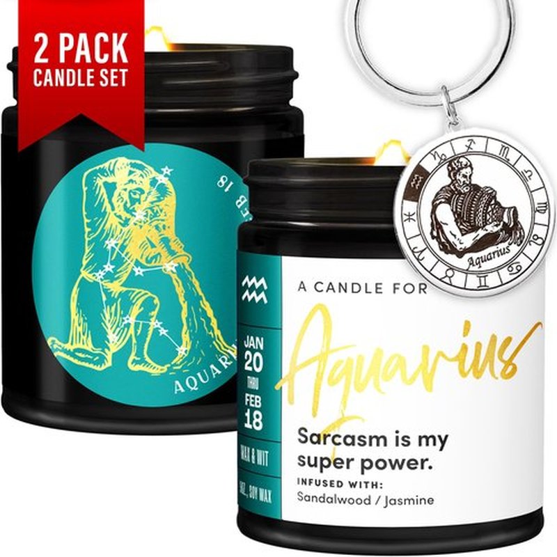 Wax & Wit Aquarius Birthday Candle Set - Zodiac Aquarius Gift, 2-Pack Soy Candles with Keychain, Perfect for January & February Birthdays - 9oz Each