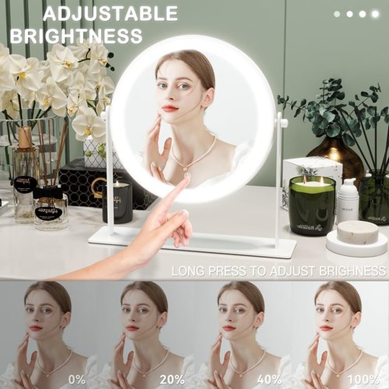 ROLOVE 10"x10" Lighted Makeup Mirror, Vanity Mirror with Lights, Dimmable Touch Screen, Light up Mirror, Portable Travel Mirror, Cosmetic Mirror for Makeup Desk, 360° Rotation, White