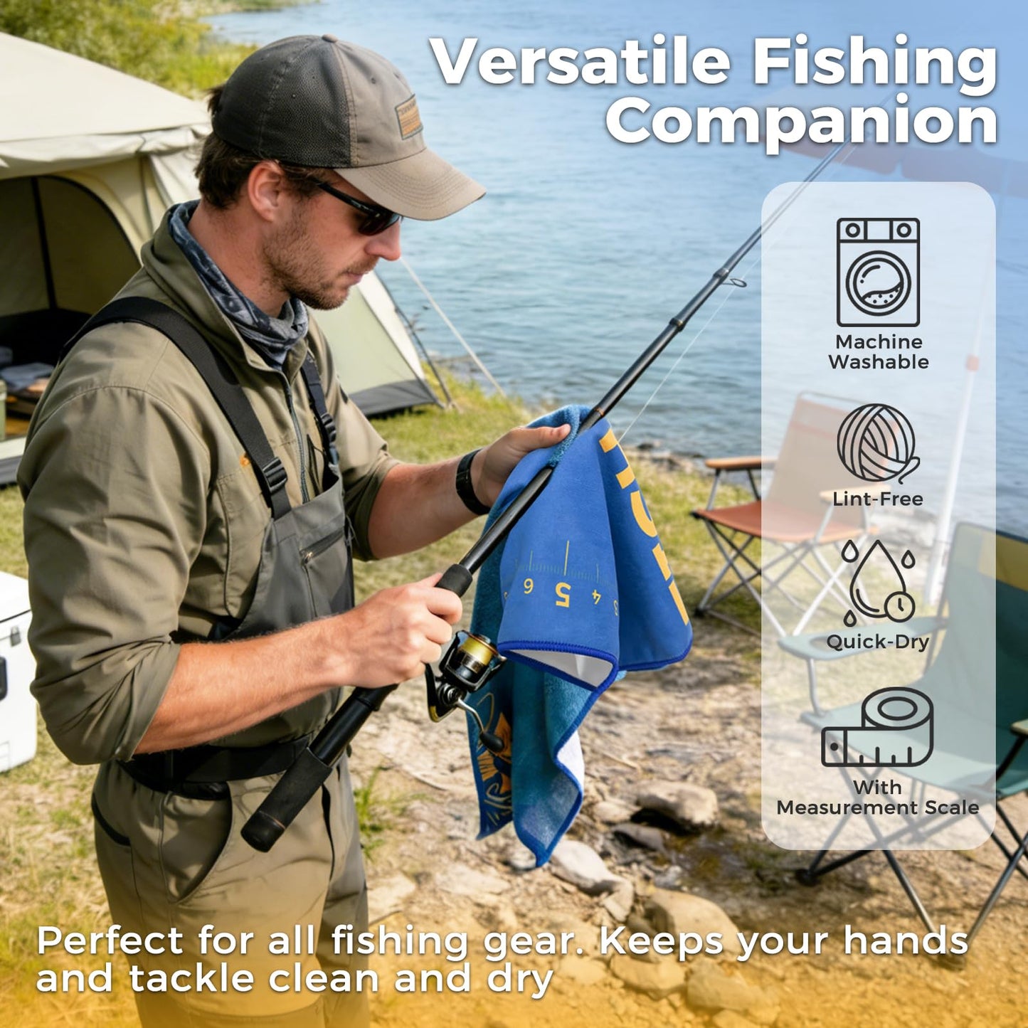 AUTUMNSWAN 2PCS Fishing Towel with Built-in Ruler and Retractable Carabiner Clip, 25.5" X9.8" Premium Microfiber Towel for Cleaning Hands & Tackle Gear, Bass Accessories, Fishing Gifts for Men Dad