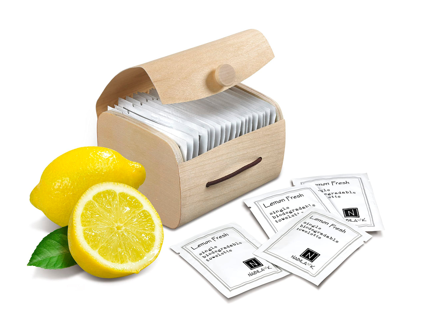 Nabila K Lemon Fresh Moist Towelettes - 20 Individually Wrapped Single-Use Wipes with Bamboo Gift Case - Alcohol-Free, Plant-Based, Biodegradable - Travel, Guest Bathroom, Spa, Events