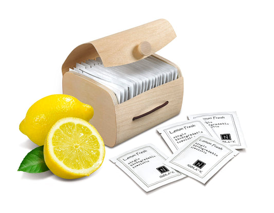 Nabila K Lemon Fresh Moist Towelettes - 20 Individually Wrapped Single-Use Wipes with Bamboo Gift Case - Alcohol-Free, Plant-Based, Biodegradable - Travel, Guest Bathroom, Spa, Events