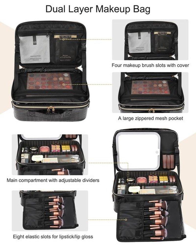 Relavel Makeup Bag with LED Mirror, Makeup Case with Lighted Mirror, Large Capacity Travel Cosmetic Train Case Organizer Box for Women, Dividers and Rechargeable Vanity Mirror (Crocodile Pattern)