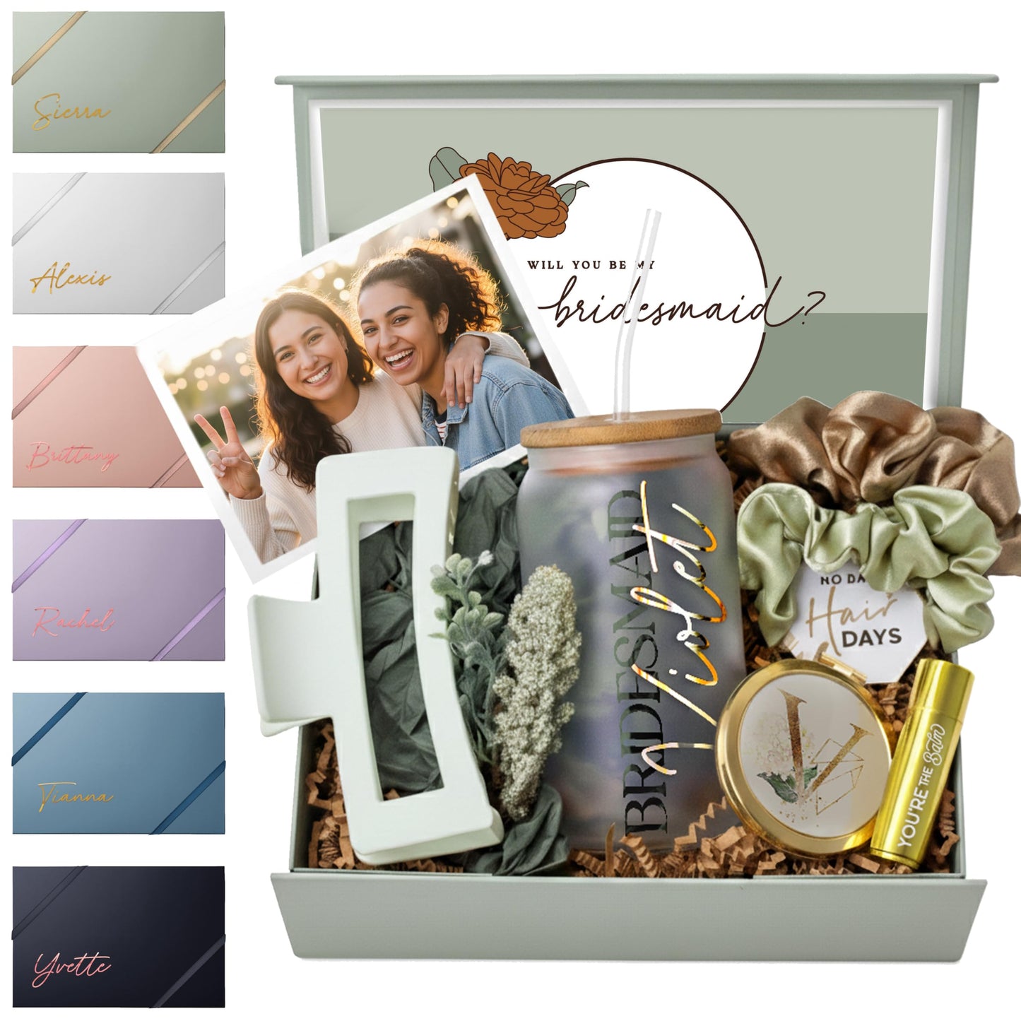 Personalized Will You be My Bridesmaid Gift Box - Will You Be My Maid of Honor Proposal Box, Matron of Honor Proposal or Custom Jr Bridesmaid Gift Set | Sage Green, Engraved Tumbler with Name (BE1)