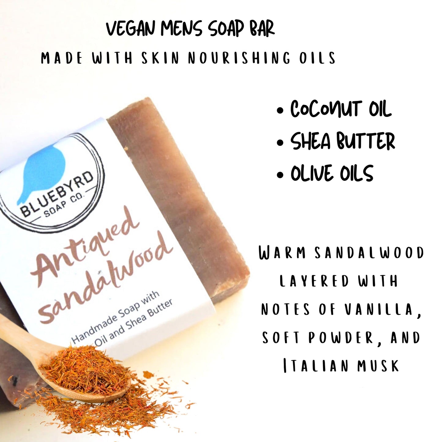 Bluebyrd Soap Co. Antiqued Sandalwood Mens Soap Bar | Creamy Rich Lather & Leaves Skin Smooth | Sandalwood Vegan Body Wash Bar - Skin Softening Organic Oils| No Parabens & Phthalates (ANTIQUE)