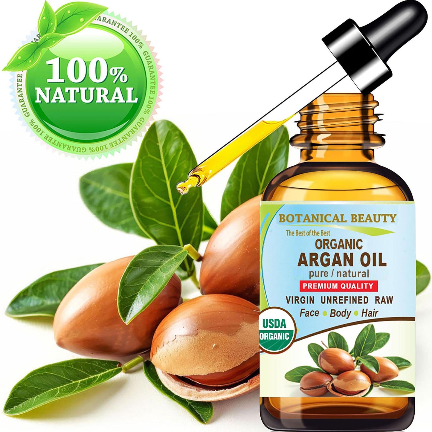 Botanical Beauty Organic ARGAN OIL 100% Pure Natural VIRGIN UNREFINED Cold-Pressed Carrier Oil for Face, Skin, Body, Hair, Lip, Nails. Rich in Vitamin E (0.5 Fl Oz)