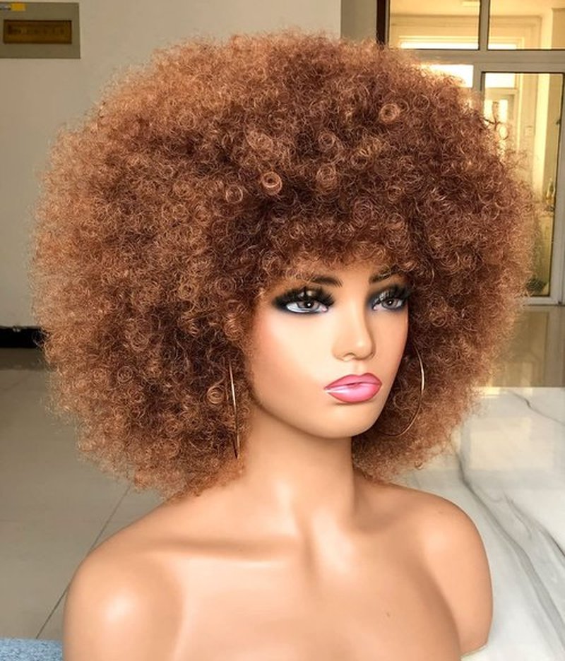 HIHOO Short Afro Wig with Bangs for Black Women Afro Kinky Curly Wig 70s Premium Synthetic Big Afro Wig(Brown)