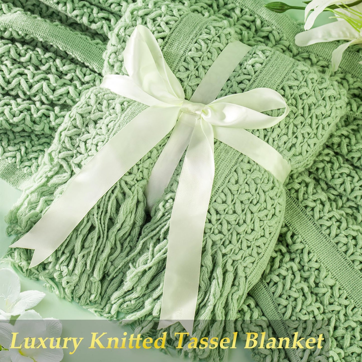 Gift Basket for Women, Self Care Set with Knitted Throw - Care Pkg - Green