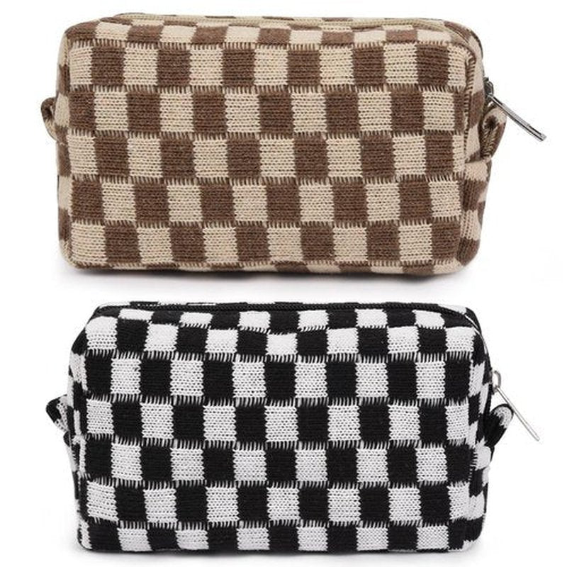 SOIDRAM 2 Pieces Checkered Cosmetic Travel Bags - Cute Makeup Pouch Organizers With Brush Storage for Women