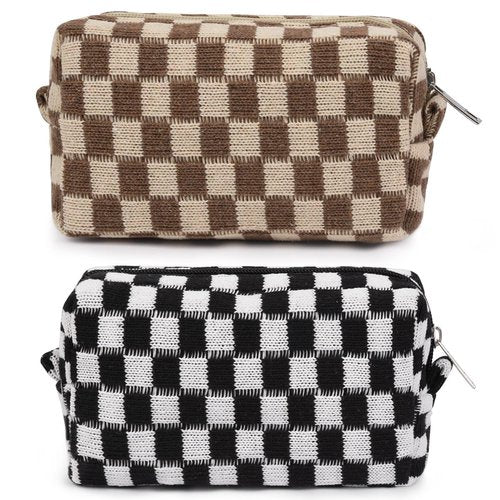 SOIDRAM 2 Pieces Checkered Cosmetic Travel Bags - Cute Makeup Pouch Organizers With Brush Storage for Women