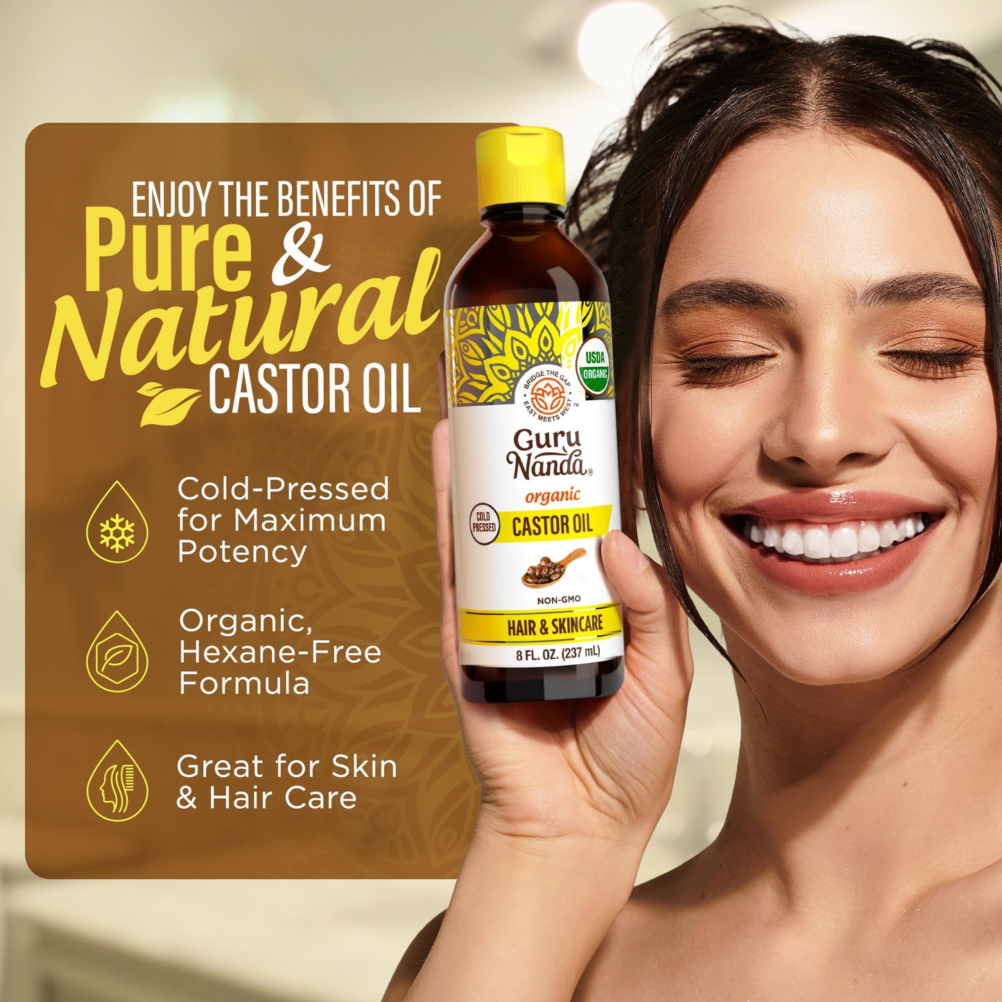 GuruNanda Castor Oil Organic USDA Certified (8 Fl oz) - 100% Pure & Natural, Cold Pressed & Hexane-Free, Hydrating Carrier Oil for Skin, Hair, Eyebrows & Eyelashes Growth (Pack of 2)