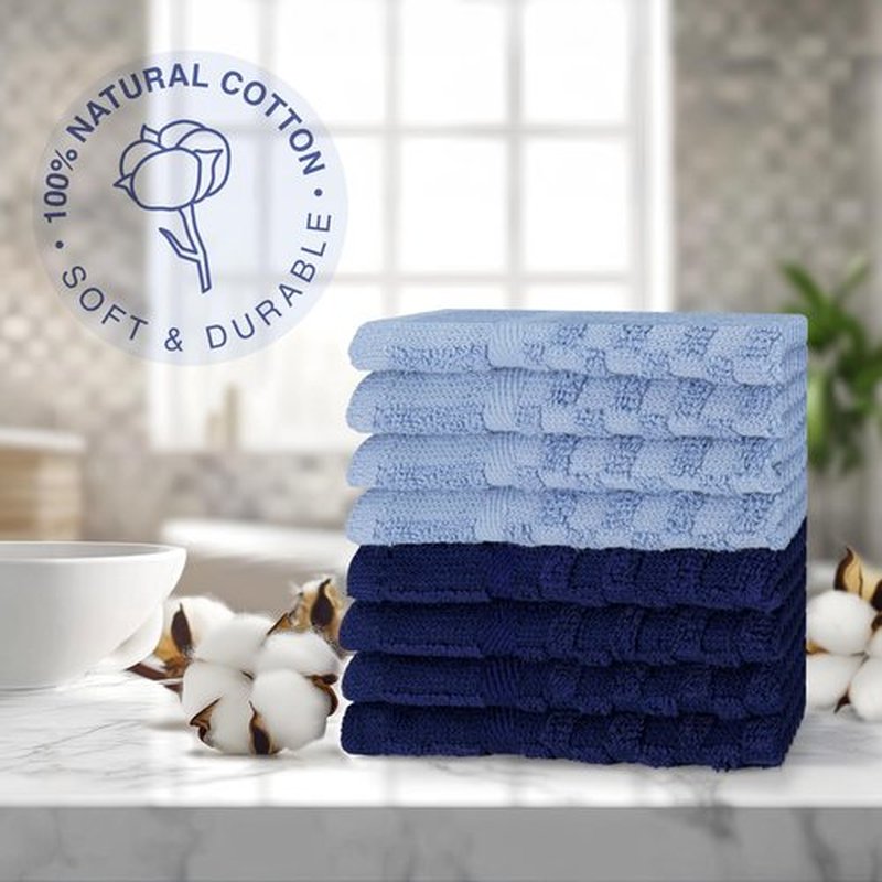 DecorRack 8 Pack 100% Cotton Wash Cloth, Luxurious Soft, 12 x 12 inch Ultra Absorbent Jacquard Towels, Machine Washable Washcloths, Blue Set (8 Pack)
