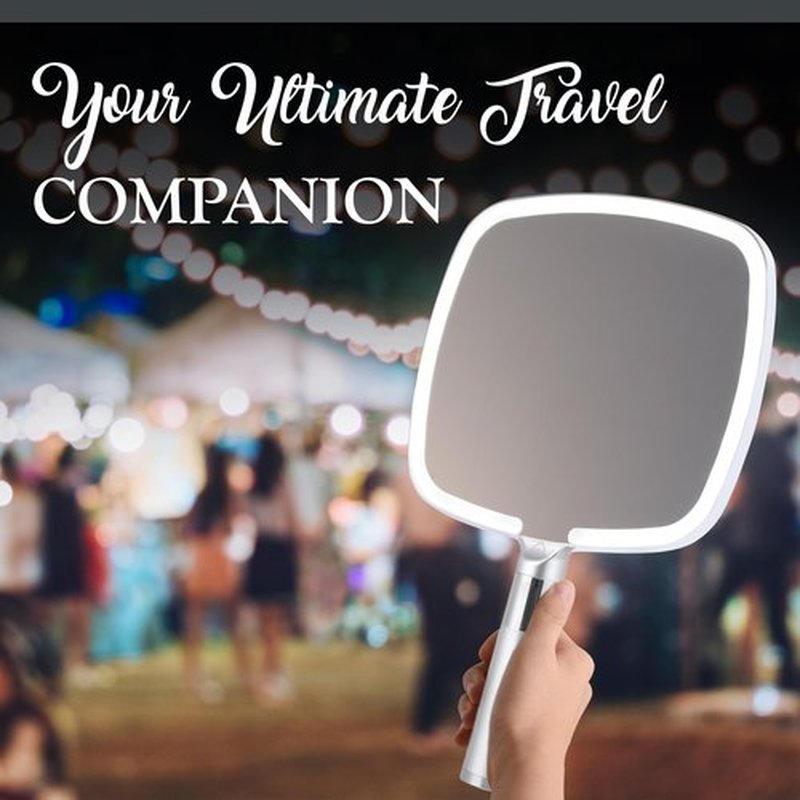 MIRRORVANA Lighted Travel Makeup Mirror - 2 in 1 Hand Mirror & Table Mirror with 3 Lighting Modes, Detachable Stand and Comfy Handle - 9" x 13" (Shiny Silver)