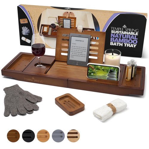 Temple Spring Bathtub Caddy Tray - Extendable Bath Tray for Bathtub with Candle, Wine Glass, Book, Pad & Phone Holders - Adjustable Bathtub Tray Over tub w/Bathroom Accessories - Wood Brown
